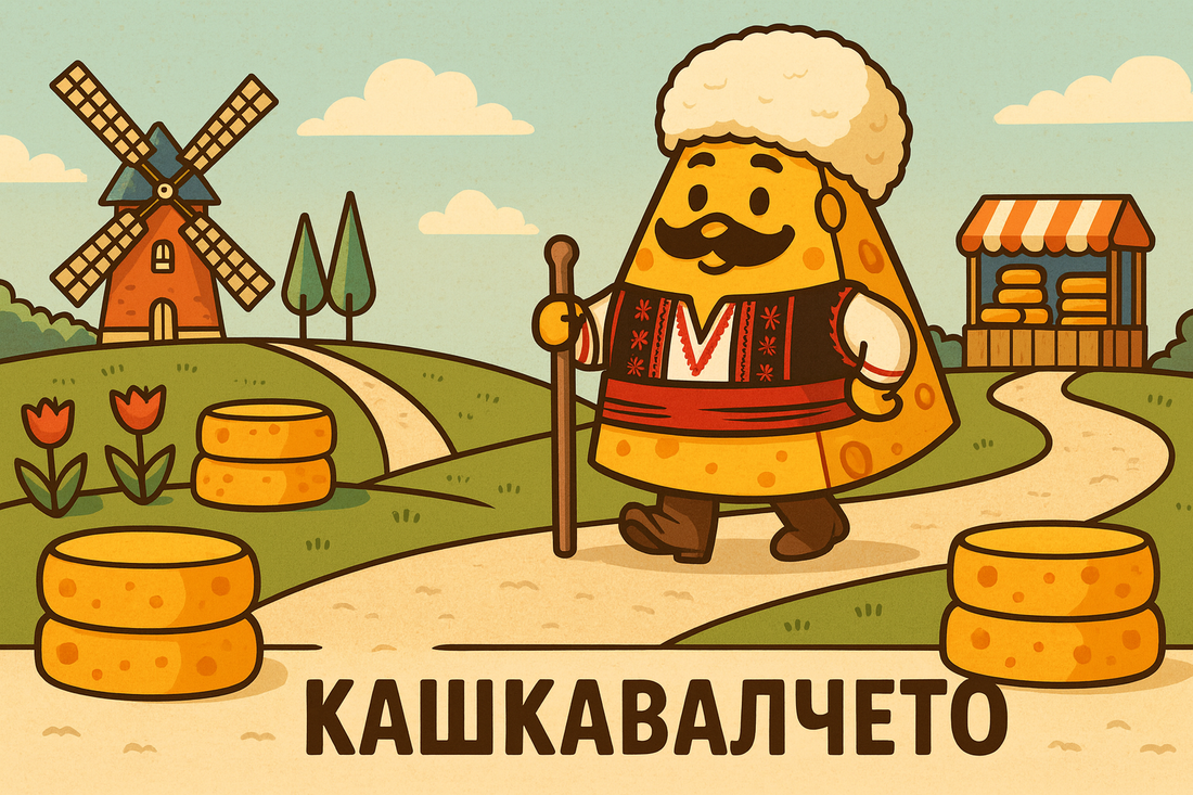 Cartoon character in traditional attire standing on a path with a windmill and cheese stacks in the background.