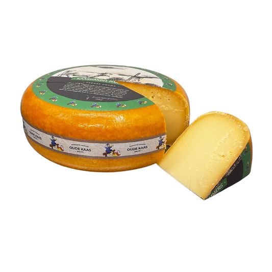 Round cheese with a slice removed, featuring a decorative label on a white background
