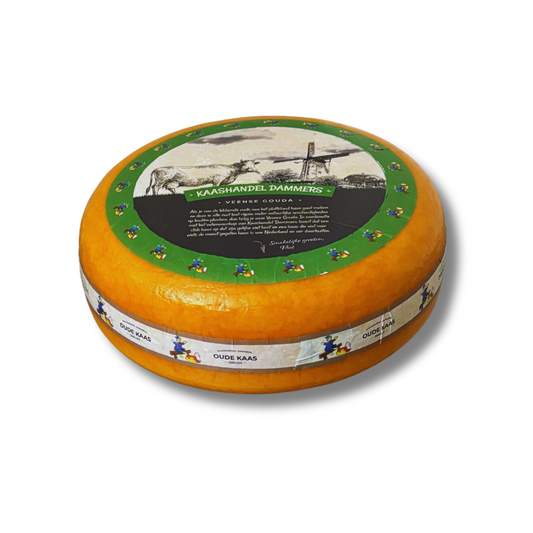 Round cheese wheel with decorative label on a white background